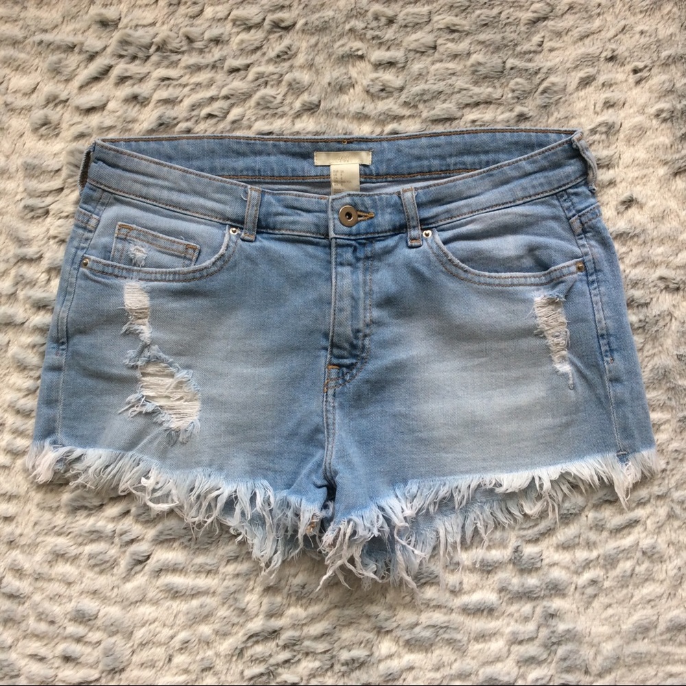 H&M Distressed Destroyed Denim Shorts Frayed Hem - Picture 1 of 7